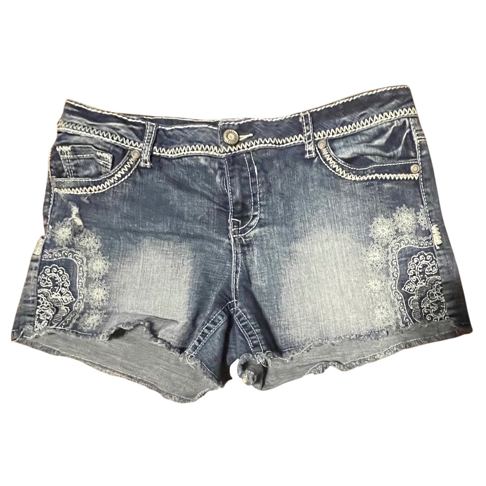 Maurices Denim Shorts Dark Wash Embroidered Mandala Cut Off Contrast Stitching
